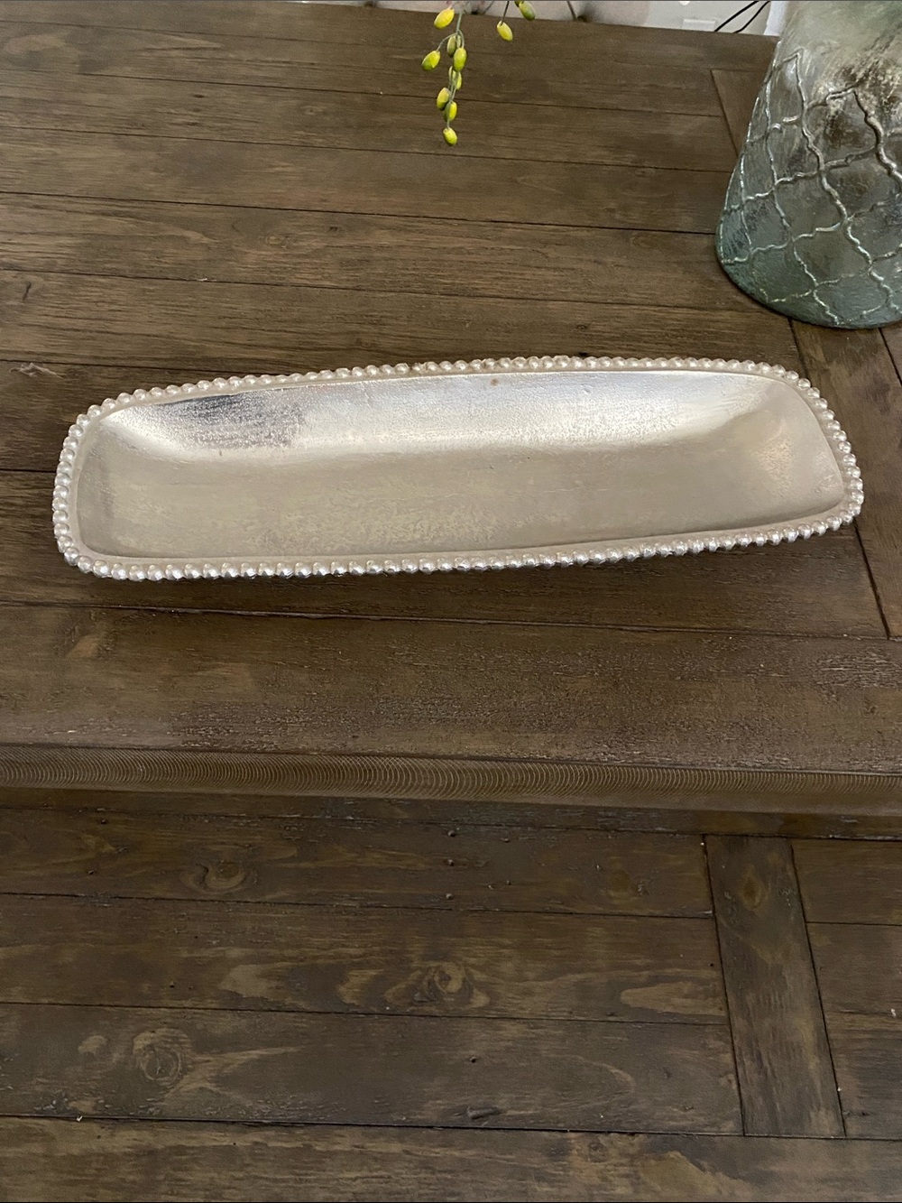 Portofino Home Aluminum Long Rectangle Beaded Serving Tray Hollywood Regency